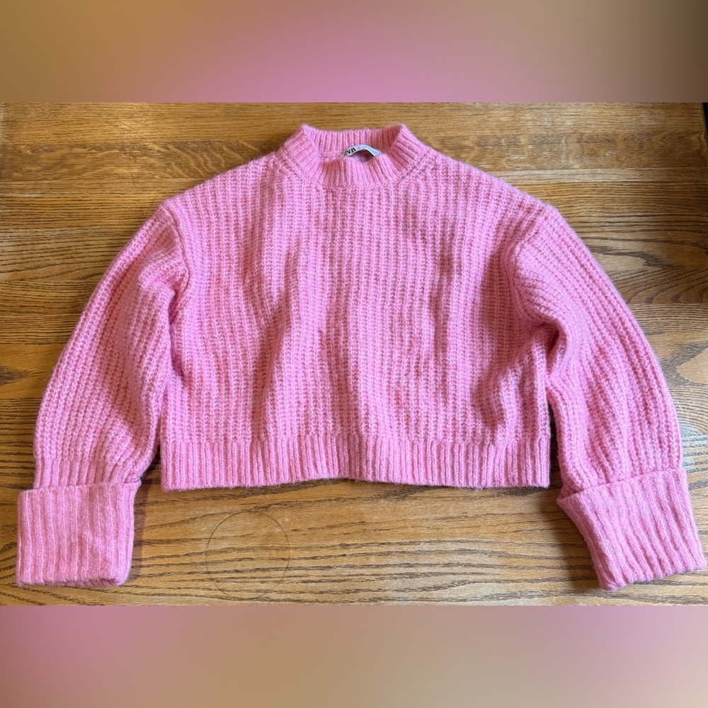 Zara Pink Mockneck Foldover Sleeve Knit Sweater Sz M